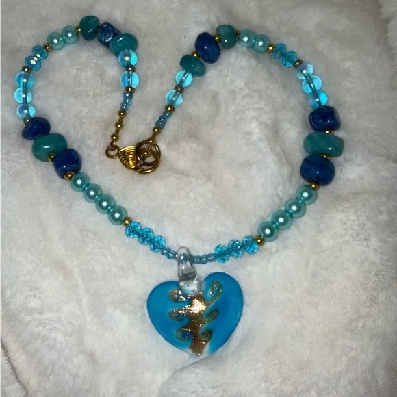 Blue Glass Beads Stones Heart Pendant Necklace - Picture 2 of 7